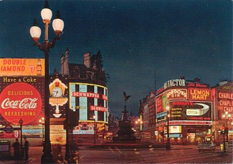 Featured is a postcard image of the colorful advertising display at London's Picadilly Circus by night, circa 1960's.  The original card is for sale in The unltd.com Store. 